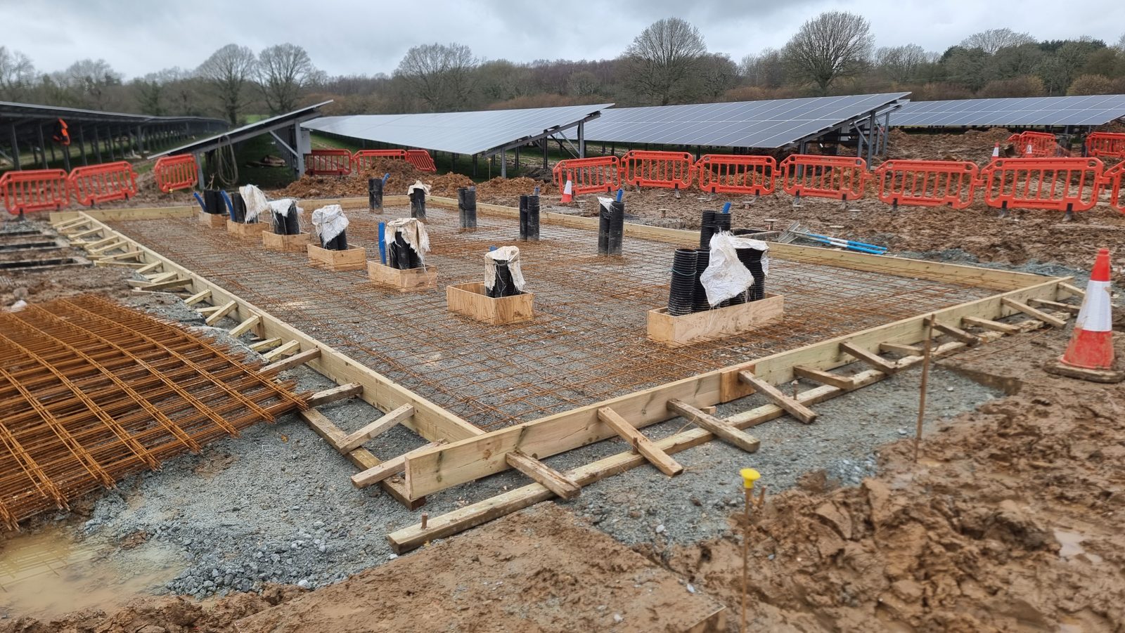 A steel rebar cage for a transformer base before pouring.